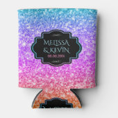 ピンクとブルーのグリッター、ブラック結婚フレームのテンプレート 缶クーラー (正面)