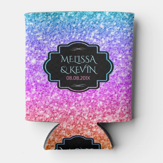 ピンクとブルーのグリッター、ブラック結婚フレームのテンプレート 缶クーラー (正面)