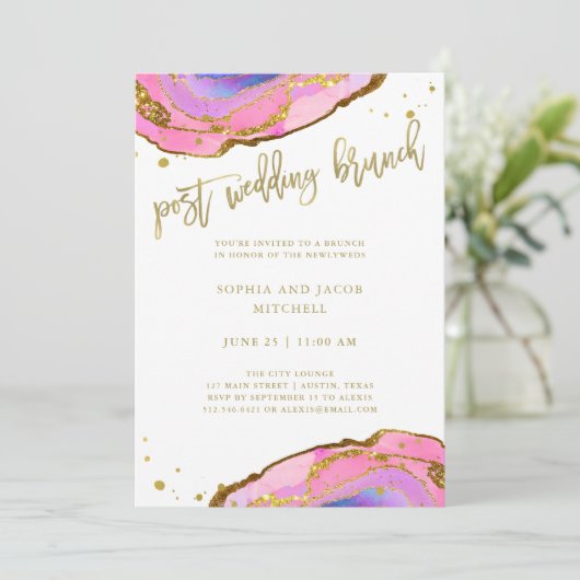 ピンクとブルーのグードと金ゴールドポスト結婚ズブランチ 招待状 (スタンド正面)