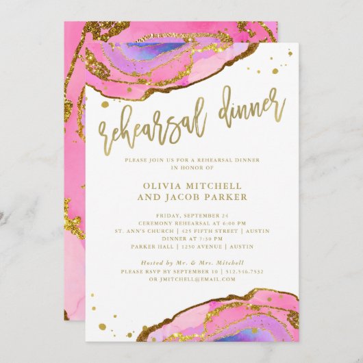 ピンクとブルーのグードと金ゴールド | リハーサルディナー 招待状 (正面/裏面)