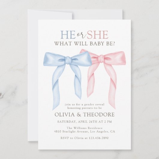 ピンクとブルーのコケット弓ジェンダーの表示パーティー 招待状 (正面)