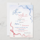 ピンクとブルーのコケティーボウ 性別発表 招待状 (正面)