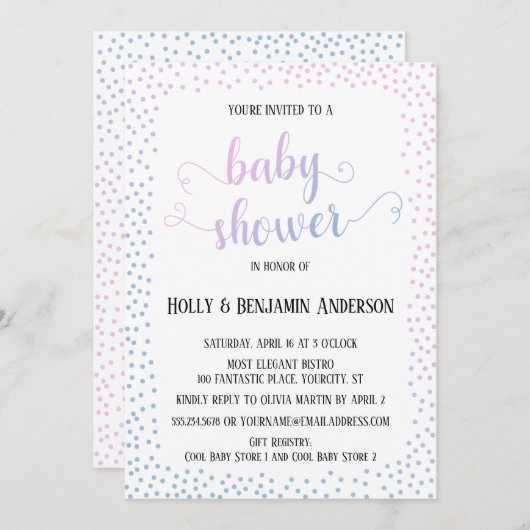 ピンクとブルーのコンフェッティ タイポグラフィー ベビーシャワー 招待状 (正面/裏面)
