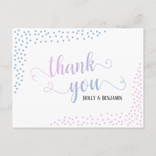 ピンクとブルーのコンフェッティ タイポグラフィ ベイビー サンクス ポストカード (正面)