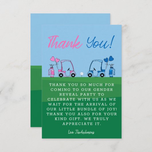 ピンクとブルーのゴルフジェンダーの表示パーティー サンキューカード (正面/裏面)