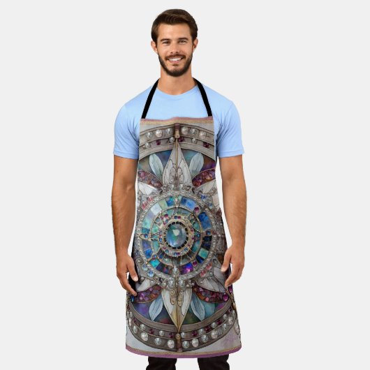 ピンクとブルーのサファイアのダイヤモンド真珠マンダラ エプロン (着用した状態)