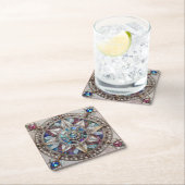 ピンクとブルーのサファイアのダイヤモンド真珠マンダラ スクエアペーパーコースター (インサイチュ)