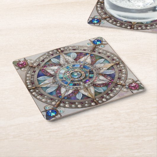 ピンクとブルーのサファイアのダイヤモンド真珠マンダラ スクエアペーパーコースター (アングル)