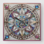 ピンクとブルーのサファイアのダイヤモンド真珠マンダラ スクエア壁時計 (正面)