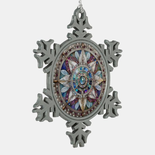 ピンクとブルーのサファイアのダイヤモンド真珠マンダラ スノーフレークピューターオーナメント (左)