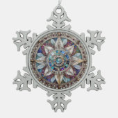 ピンクとブルーのサファイアのダイヤモンド真珠マンダラ スノーフレークピューターオーナメント (正面)