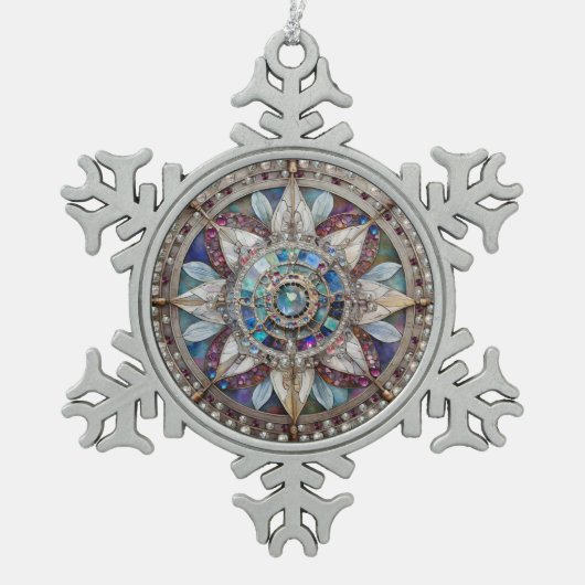 ピンクとブルーのサファイアのダイヤモンド真珠マンダラ スノーフレークピューターオーナメント (正面)