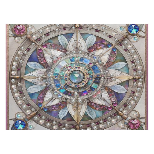 ピンクとブルーのサファイアのダイヤモンド真珠マンダラ テーブルクロス (正面(横))