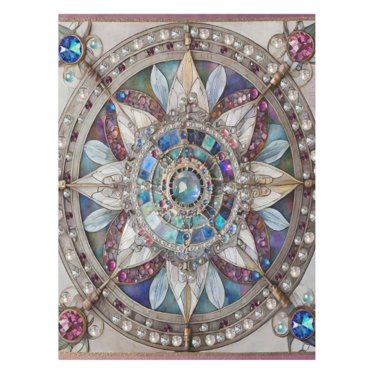 ピンクとブルーのサファイアのダイヤモンド真珠マンダラ テーブルクロス (正面)