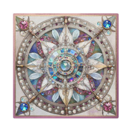 ピンクとブルーのサファイアのダイヤモンド真珠マンダラ メタルプリント