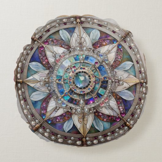 ピンクとブルーのサファイアのダイヤモンド真珠マンダラ ラウンドクッション (正面)