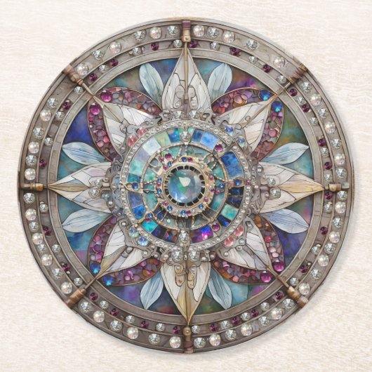ピンクとブルーのサファイアのダイヤモンド真珠マンダラ ラウンドペーパーコースター (正面)