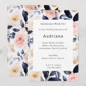 ピンクとブルーのシックな花の誕生日 招待状 (正面/裏面)