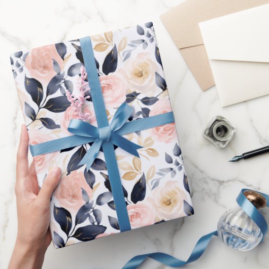 ピンクとブルーのシックな花 ブライダルシャワー ラッピングペーパー (ギフト)