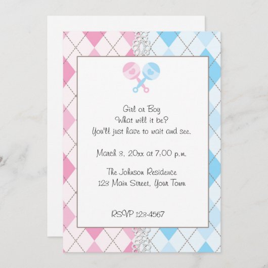 ピンクとブルーのジェンダーリビアーガイル柄のール招待状 招待状 (正面/裏面)