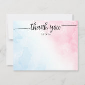 ピンクとブルーのスクリプトありがとうフラットノートカード 招待状 (正面)