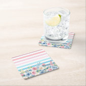 ピンクとブルーのストライプと花 スクエアペーパーコースター (インサイチュ)