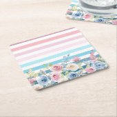 ピンクとブルーのストライプと花 スクエアペーパーコースター (アングル)