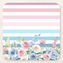 ピンクとブルーのストライプと花