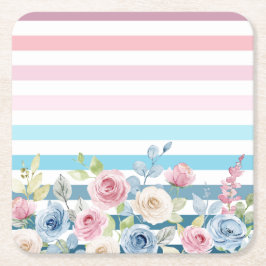 ピンクとブルーのストライプと花 スクエアペーパーコースター