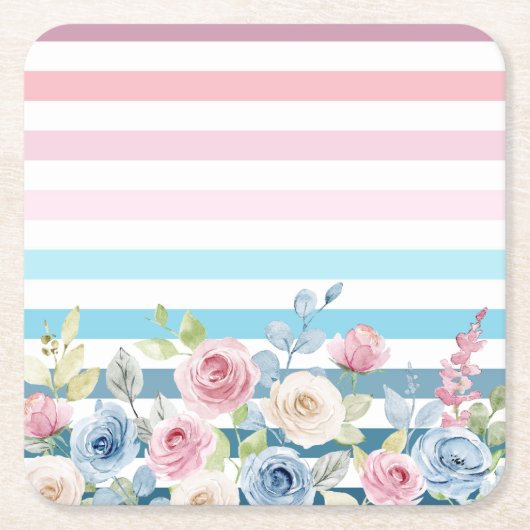 ピンクとブルーのストライプと花 スクエアペーパーコースター (正面)