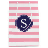 ピンクとブルーのストライプパターンとモノグラム ミディアムペーパーバッグ (正面)