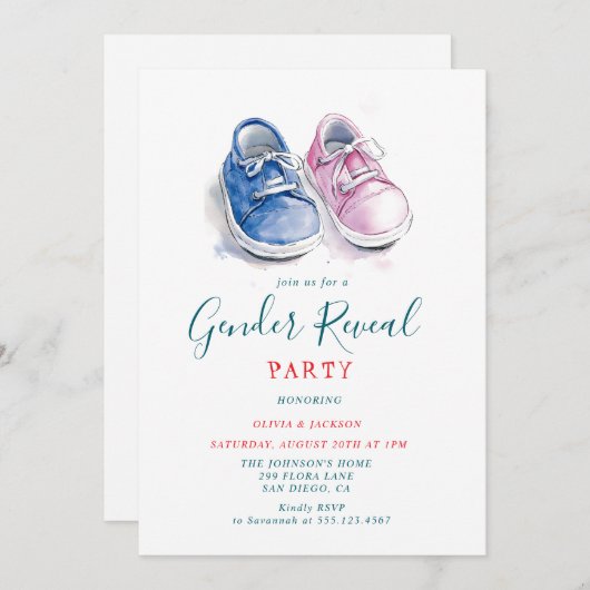 ピンクとブルーのスニーカー性別の表示パーティー 招待状 (正面/裏面)