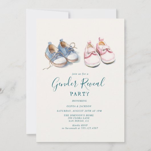 ピンクとブルーのスニーカー性別の表示パーティー 招待状 (正面)
