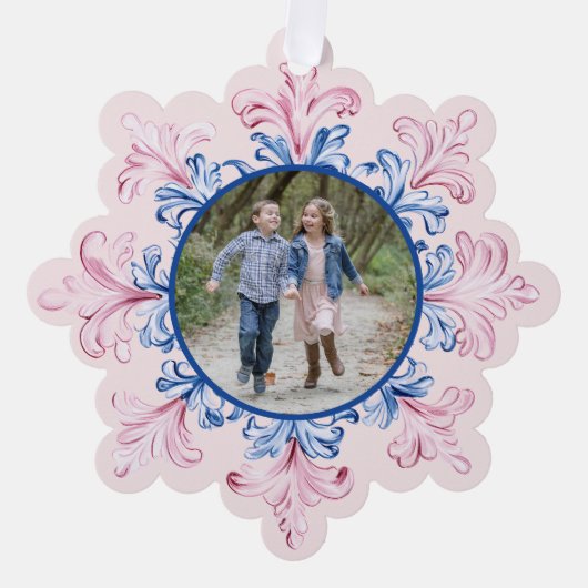 ピンクとブルーのスノーフレーク写真 オーナメントカード (正面)