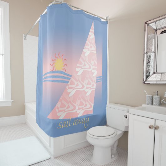ピンクとブルーのセイル遠くに シャワーカーテン (インサイチュ)
