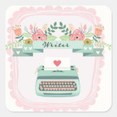 ピンクとブルーのタイプライター、ライター、作家スクエアスティック スクエアシール (正面)