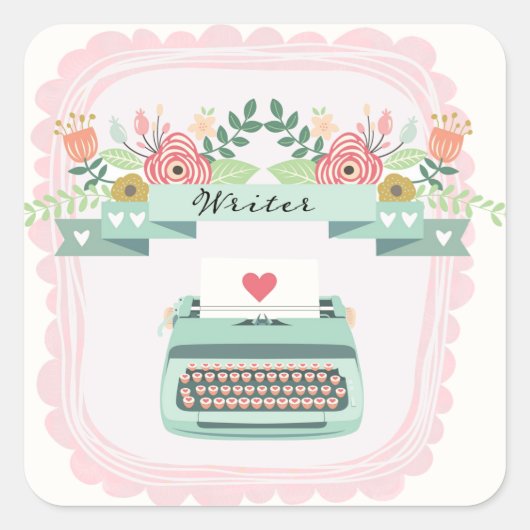 ピンクとブルーのタイプライター、ライター、作家スクエアスティック スクエアシール (正面)