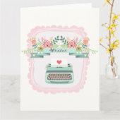 ピンクとブルーのタイプライター,ライター,作家,あいさつ カード (黄色い花)