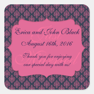ピンクとブルーのダマスクの結婚式のお願いありがとう スクエアシール