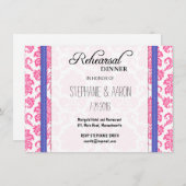 ピンクとブルーのダマスクリハーサルのディナーカード 招待状 (正面/裏面)