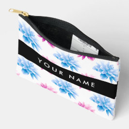 ピンクとブルーのダリア、花のパターン、あなたの名前 アクセサリーポーチ