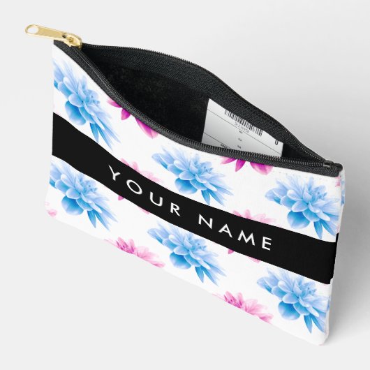 ピンクとブルーのダリア、花のパターン、あなたの名前 アクセサリーポーチ (見開き)
