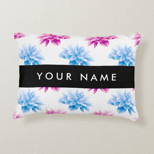 ピンクとブルーのダリア、花のパターン、あなたの名前 アクセントクッション (裏面)