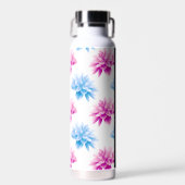 ピンクとブルーのダリア、花のパターン、あなたの名前 ウォーターボトル (正面)