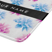 ピンクとブルーのダリア、花のパターン、あなたの名前 カッティングボード (角)
