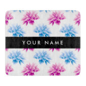 ピンクとブルーのダリア、花のパターン、あなたの名前 カッティングボード (正面)