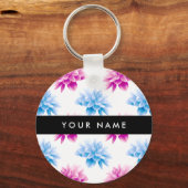 ピンクとブルーのダリア、花のパターン、あなたの名前 キーホルダー (正面)