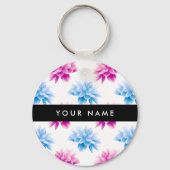 ピンクとブルーのダリア、花のパターン、あなたの名前 キーホルダー (裏面)