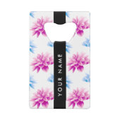 ピンクとブルーのダリア、花のパターン、あなたの名前 クレジットカード栓抜き (裏面)