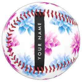 ピンクとブルーのダリア、花のパターン、あなたの名前 ソフトボール